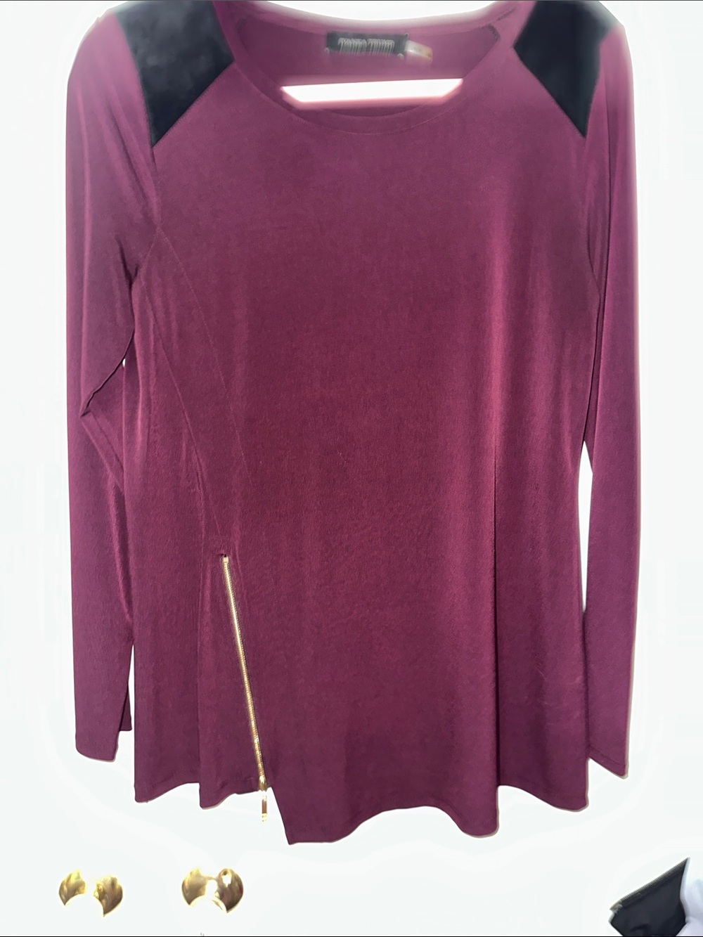 Ivanka Trump Plum Long-Sleeve Top with Black Shoulder Panels and Gold Zip